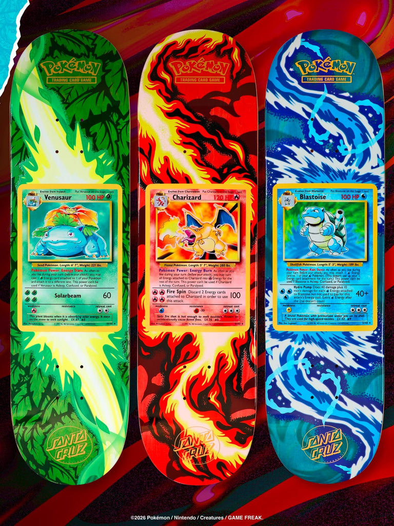 Santa Cruz x Pokémon TCG skateboard decks with Base Set Venusaur, Charizard and Blastoise card art