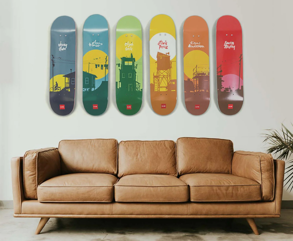 skateboards mounted on wall in living room