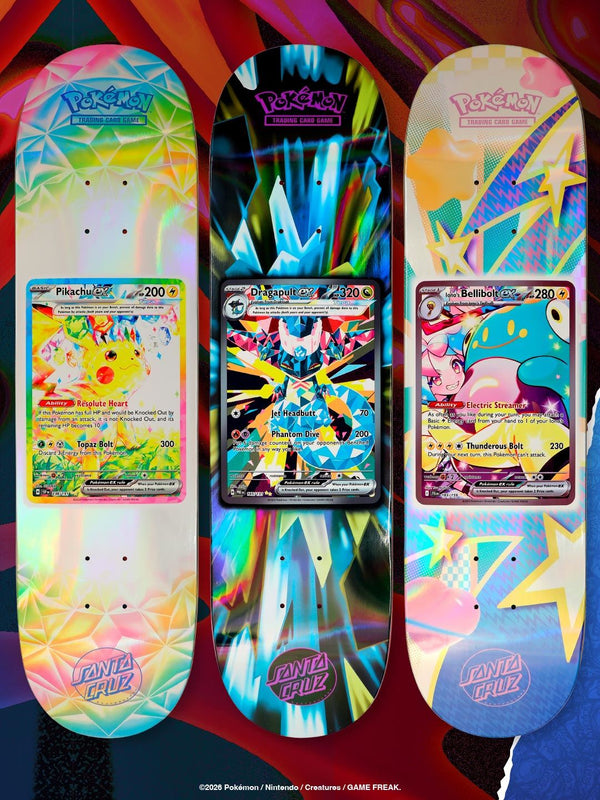 Santa Cruz x Pokémon TCG skateboard decks with Pikachu ex, Dragapult ex and Iono's Bellibolt ex card art