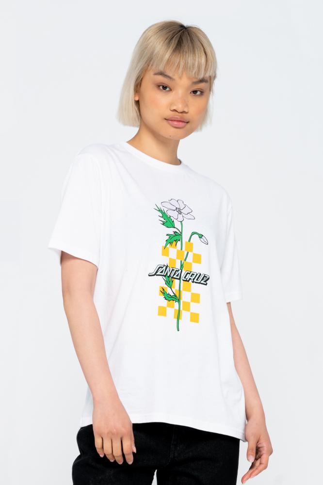 Santa Cruz Womens T-Shirt Checkerbloom Strip T-Shirt - White - Skatewarehouse.co.uk