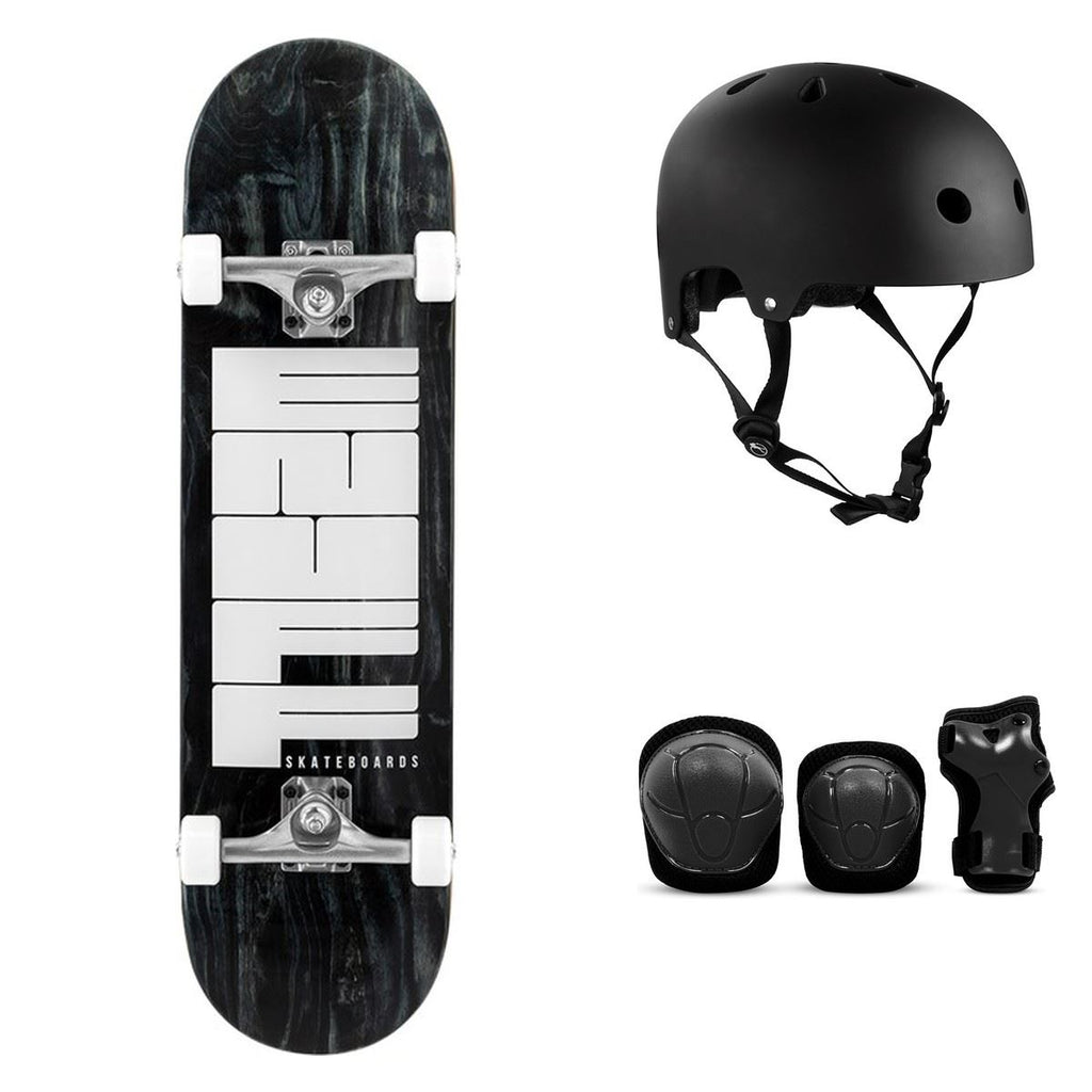 Enuff Throwback Black Complete Skateboard Bundle - SFR Helmet & Pads - 8.5"