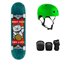 Enuff Lucky Cat Green Complete Skateboard Bundle - SFR Helmet & Pads - 8.0"