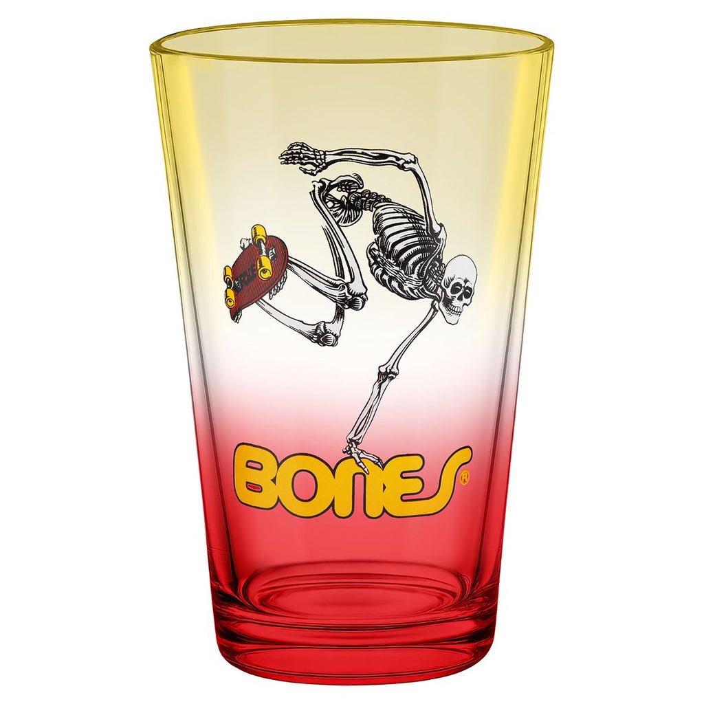 Powell-Peralta Pint Glass • Skateboard Skeleton • Yellow / Red Fade Skateboard Deck
