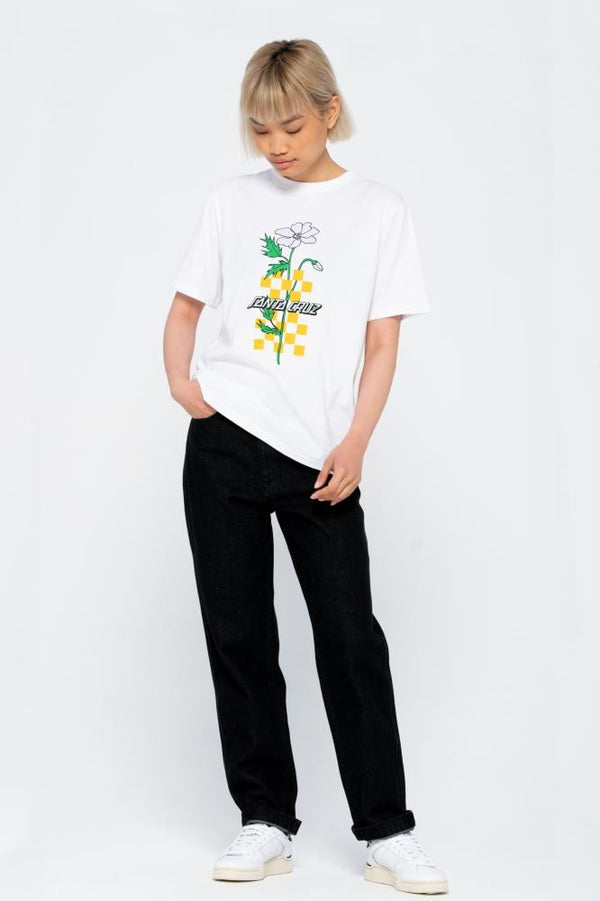 Santa Cruz Womens T-Shirt Checkerbloom Strip T-Shirt - White - Skatewarehouse.co.uk