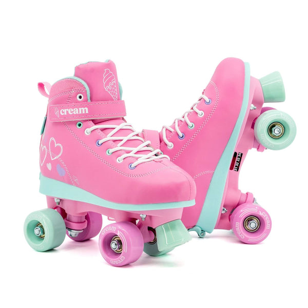 CREAM Scoop Quad Roller Skates, Adjustable - Hearts, Pink / Teal