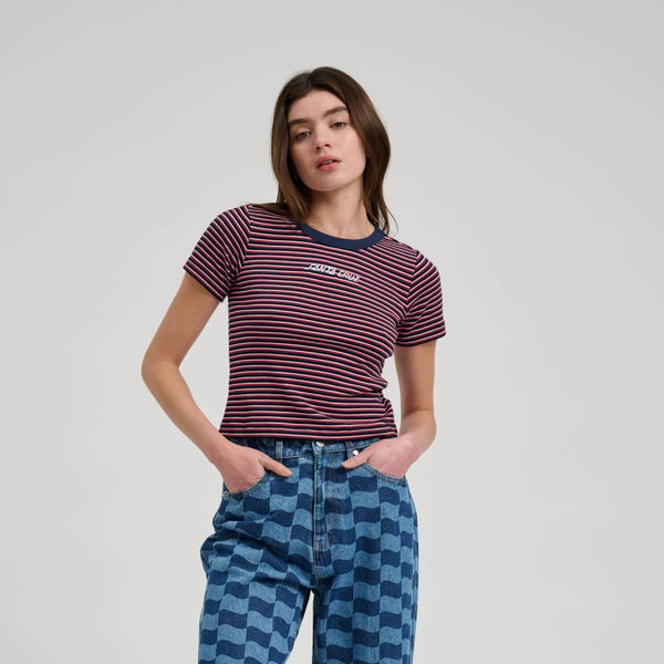 Santa Cruz Womens T-Shirt Strip Logo Emb T-Shirt - Black Stripe - Skatewarehouse.co.uk