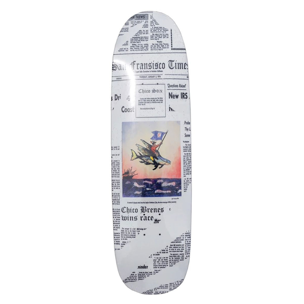 Chico Stix News Flyer (Retro ’s Shape) ” All White Dipped Skateboard Deck - 8.75" - Skatewarehouse.co.uk