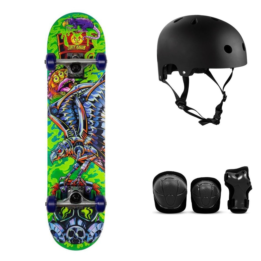 Tony Hawk SS 360 Toxic Multi Complete Skateboard Bundle - SFR Helmet & Pads - 7.5"