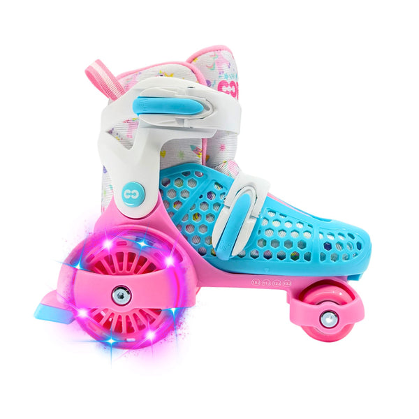 CORE Kids Newbie 4 Wheel Adjustable , LED Wheels - Pink / Blue Quad Skates - 6-9J UK / 23-27 EU / 7-10J US Bundle