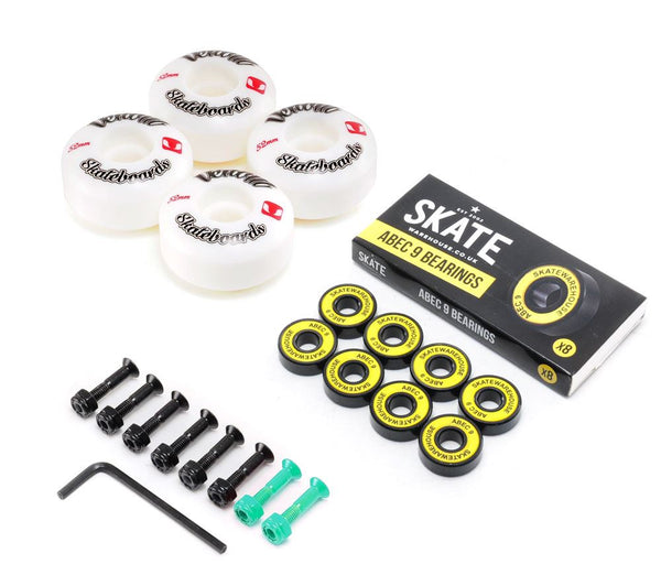 Venom Skateboards Logo White Skateboard Wheels & Skatewarehouse ABEC 9 Bearings Pack + Bolts! - Skatewarehouse.co.uk