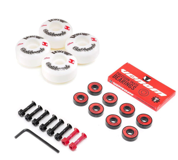 Venom Skateboards Logo White Skateboard Wheels & Venom ABEC 9 Bearings Pack + Bolts! - Skatewarehouse.co.uk