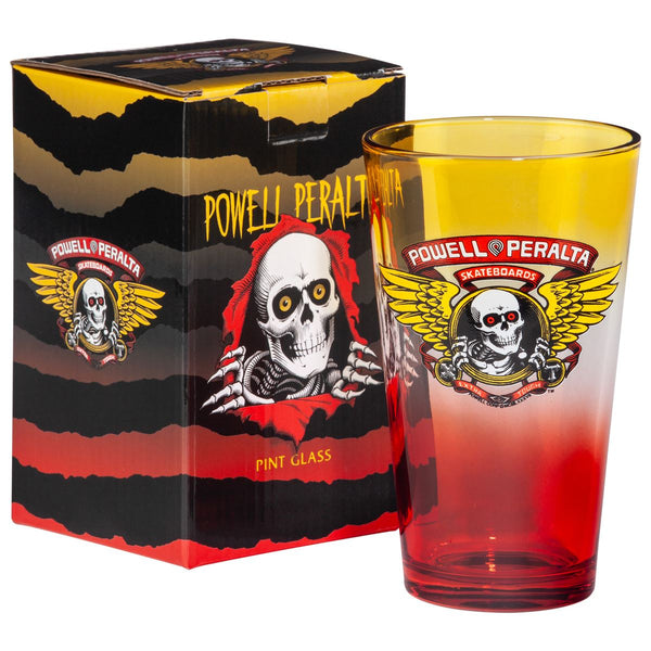 Powell-Peralta Pint Glass • Winged Ripper • Yellow / Red Fade Skateboard Deck