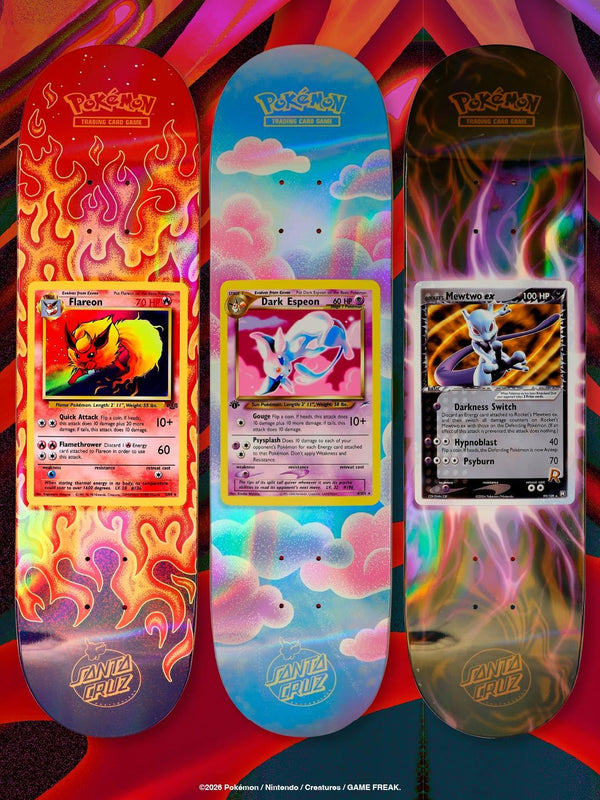 Santa Cruz x Pokémon TCG skateboard decks with Flareon, Dark Espeon and Rocket's Mewtwo ex card art