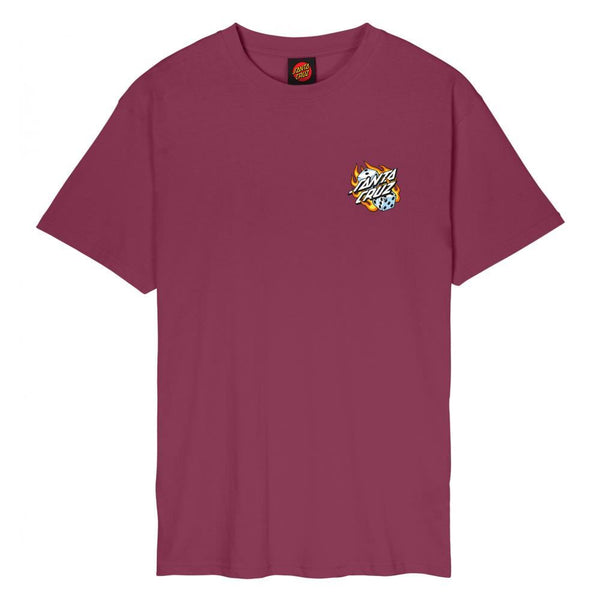 Santa Cruz T-Shirt Flaming Dice Dot Chest T-Shirt - Burgundy - Skatewarehouse.co.uk
