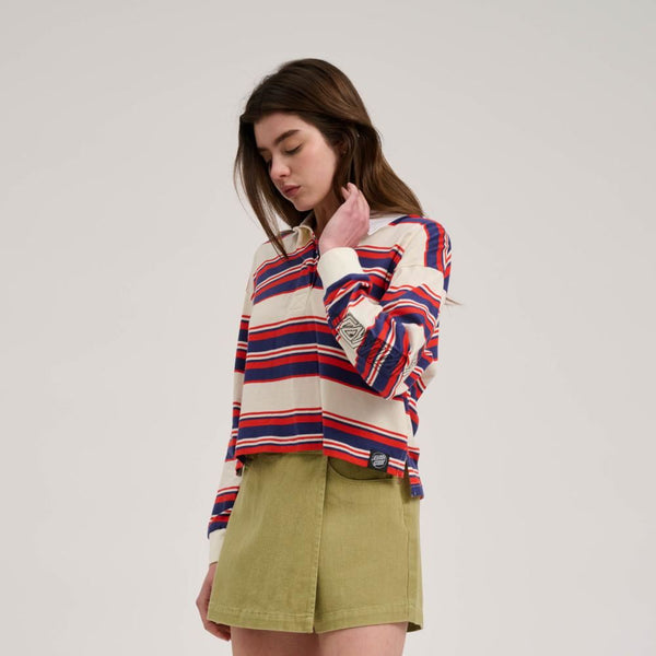 Santa Cruz Womens L/S Top Monterey Crop Polo Top - Off White Stripe - Skatewarehouse.co.uk