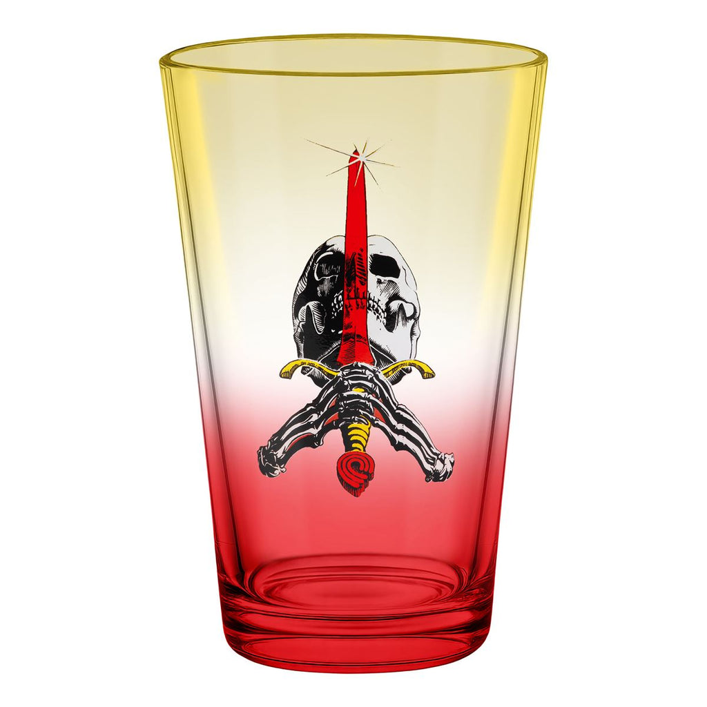 Powell-Peralta Pint Glass • Skull / Sword • Yellow / Red Fade Skateboard Deck