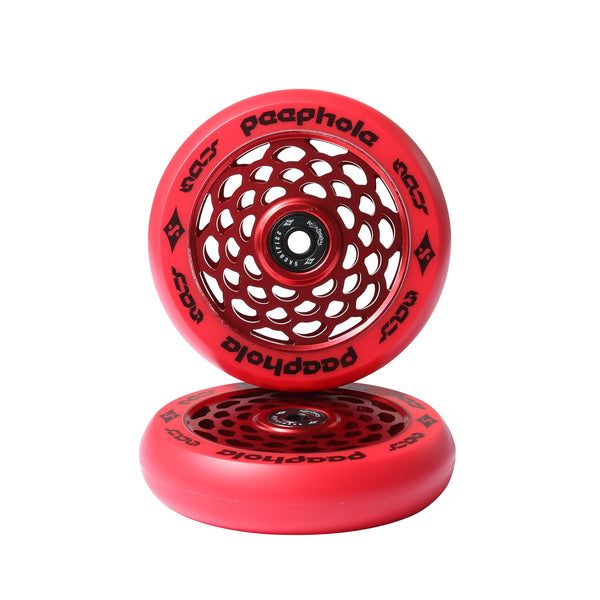 Sacrifice Spy 110mm Peephole Scooter Wheels Red (Pair) + ABEC 9 Bearings - Skatewarehouse.co.uk