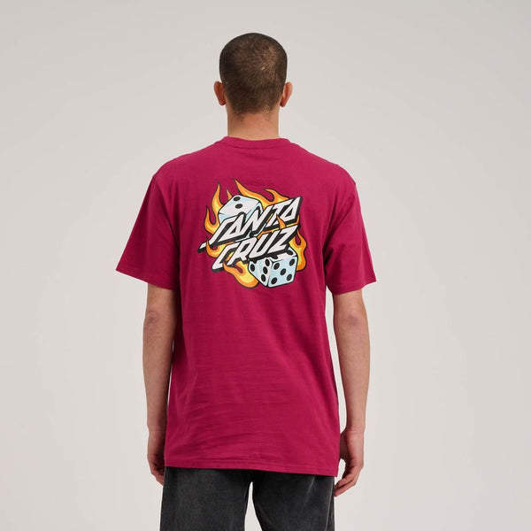 Santa Cruz T-Shirt Flaming Dice Dot Chest T-Shirt - Burgundy - Skatewarehouse.co.uk