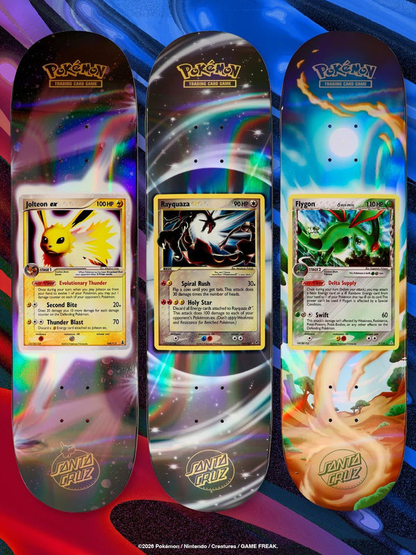 Santa Cruz x Pokémon TCG skateboard decks with Jolteon ex, Gold Star Rayquaza and Delta Species Flygon card art
