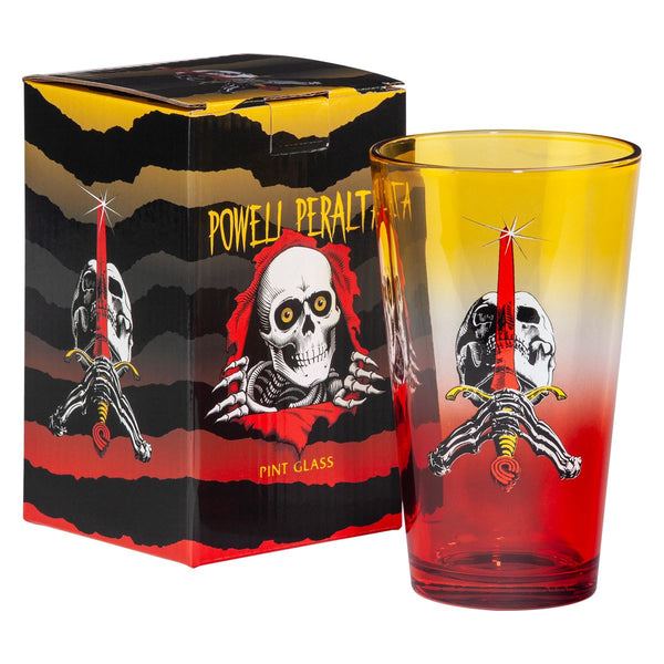 Powell-Peralta Pint Glass • Skull / Sword • Yellow / Red Fade Skateboard Deck