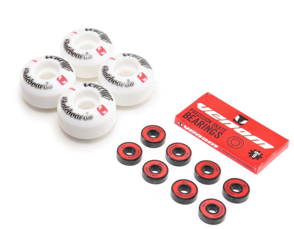 Venom Skateboards Logo White Skateboard Wheels & Venom ABEC 9 Bearings Pack - Skatewarehouse.co.uk