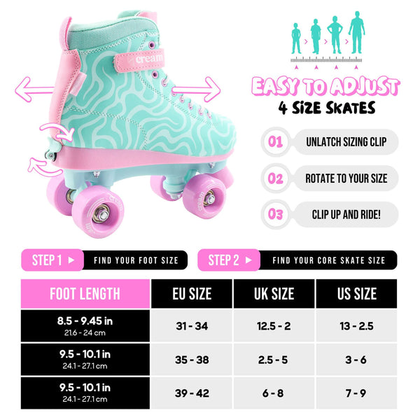 CREAM Scoop Quad Roller Skates, Adjustable - Wave, Teal / Pink - UK 6-8