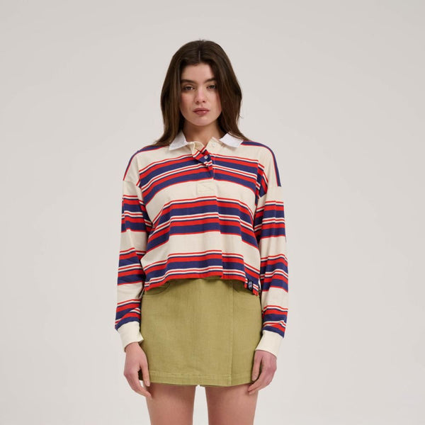 Santa Cruz Womens L/S Top Monterey Crop Polo Top - Off White Stripe - Skatewarehouse.co.uk
