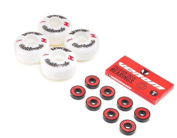 Venom Skateboards Logo White Skateboard Wheels & Venom ABEC 9 Bearings Pack - Skatewarehouse.co.uk