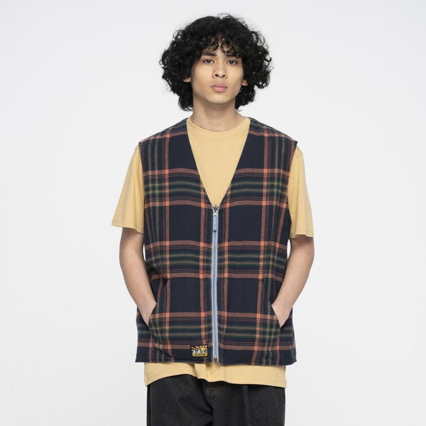 Santa Cruz Jacket Vista Reversible Vest - Stone Wash / Multi Check - Skatewarehouse.co.uk