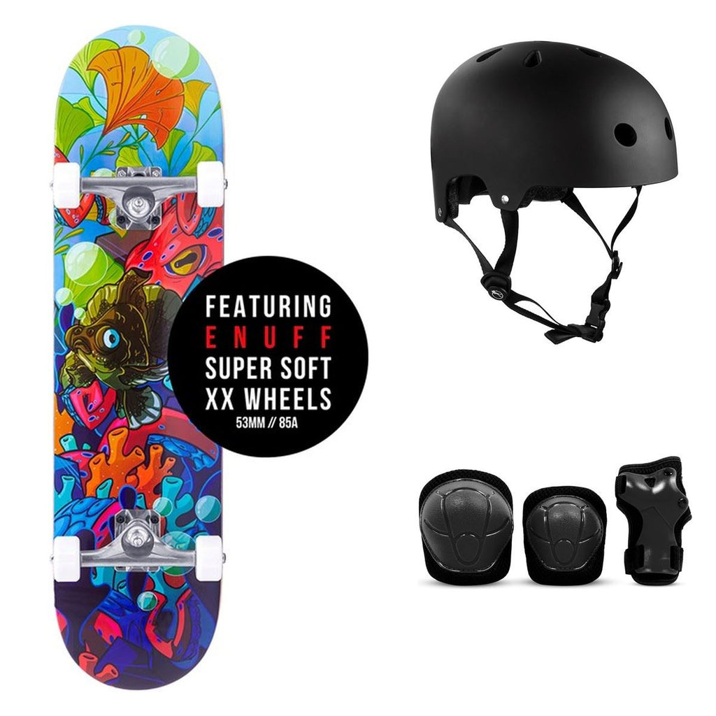 Enuff Lost At Sea Goldfish Complete Skateboard Bundle - SFR Helmet & Pads - 8.0"