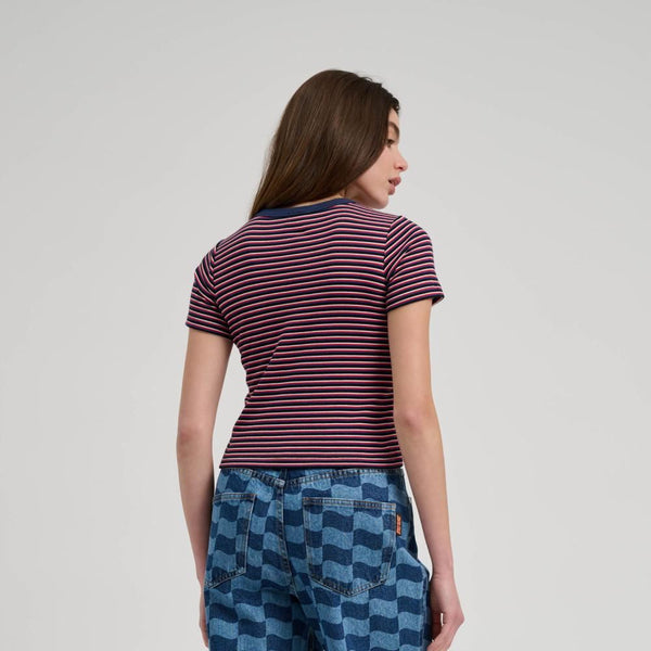 Santa Cruz Womens T-Shirt Strip Logo Emb T-Shirt - Black Stripe - Skatewarehouse.co.uk