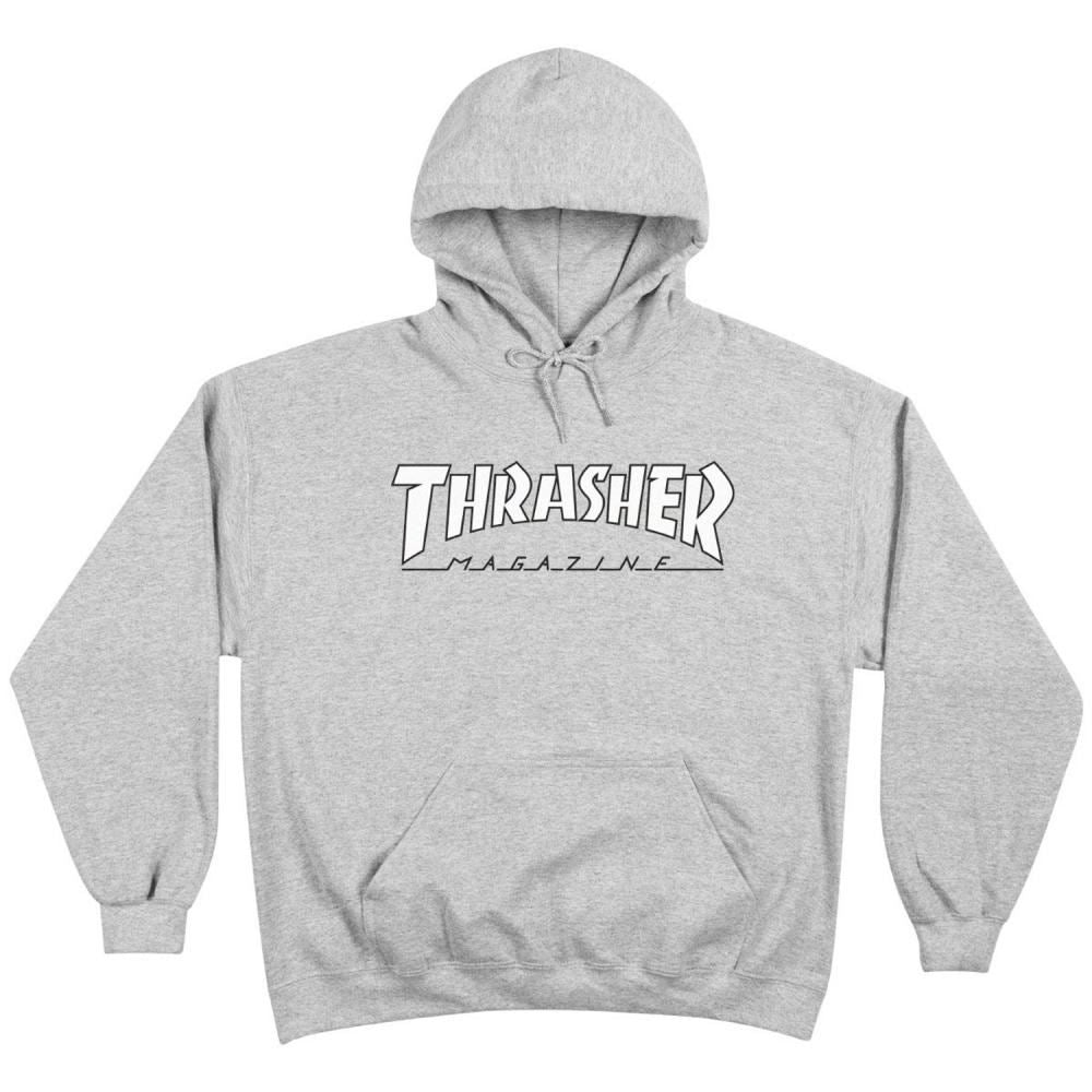 Thrasher Hoody Outlined - Grey / White - Skatewarehouse.co.uk