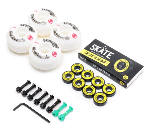 Venom Skateboards Logo White Skateboard Wheels & Skatewarehouse ABEC 9 Bearings Pack + Bolts! - Skatewarehouse.co.uk