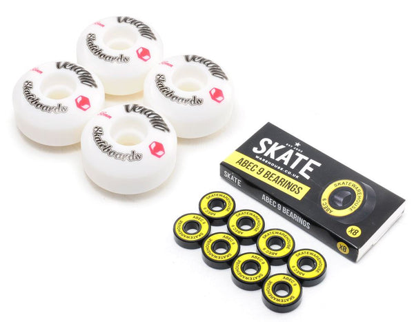 Venom Skateboards Logo White Skateboard Wheels & Skatewarehouse ABEC 9 Bearings Pack - Skatewarehouse.co.uk