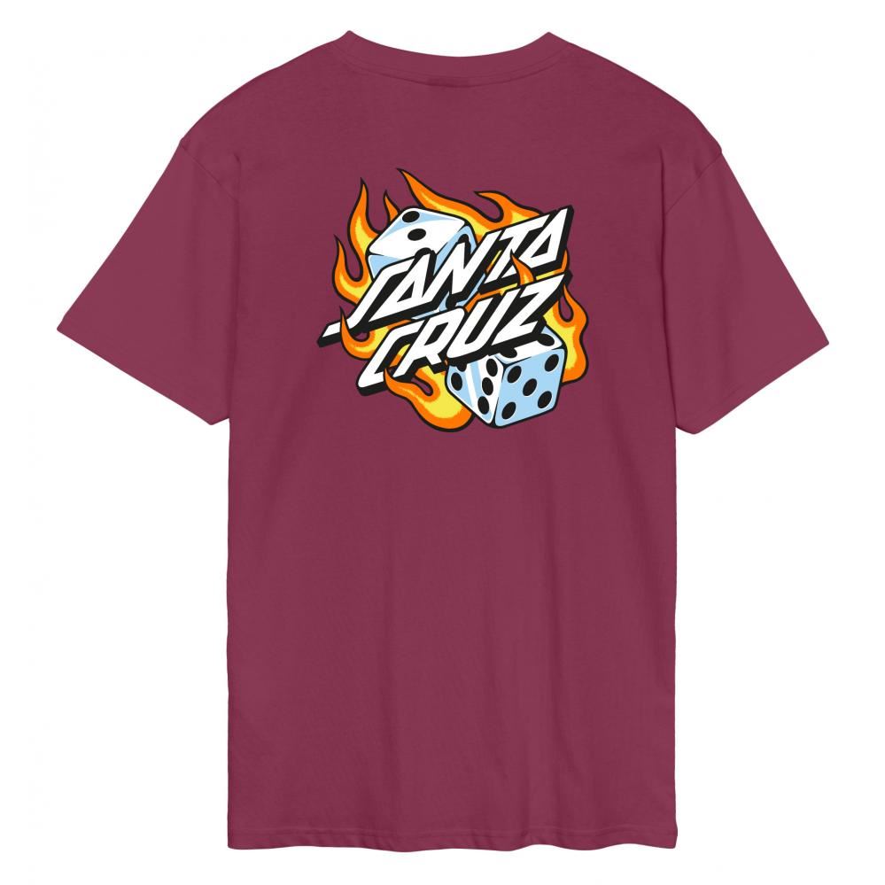 Santa Cruz T-Shirt Flaming Dice Dot Chest T-Shirt - Burgundy - Skatewarehouse.co.uk