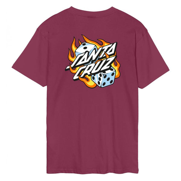 Santa Cruz T-Shirt Flaming Dice Dot Chest T-Shirt - Burgundy - Skatewarehouse.co.uk