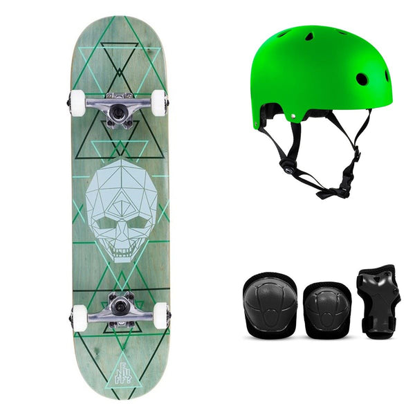 Enuff Geo Skull Green Complete Skateboard Bundle - SFR Helmet & Pads - 8.0