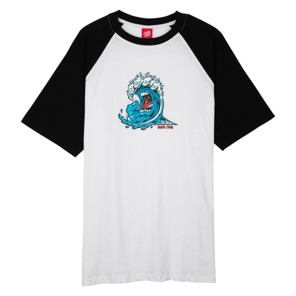 Santa Cruz Custom T-Shirt Screaming Wave Front Raglan - White / Black - Skatewarehouse.co.uk