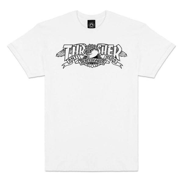 Thrasher X Antihero T-Shirt Mag Banner - White - Skatewarehouse.co.uk