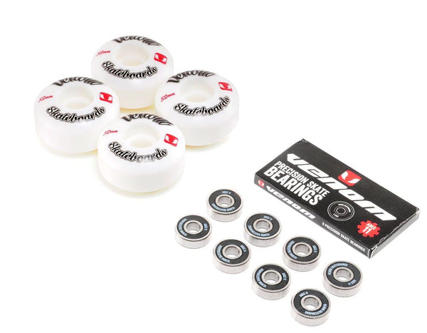 Venom Skateboards Logo White Skateboard Wheels & Venom ABEC 11 Bearings Pack - Skatewarehouse.co.uk