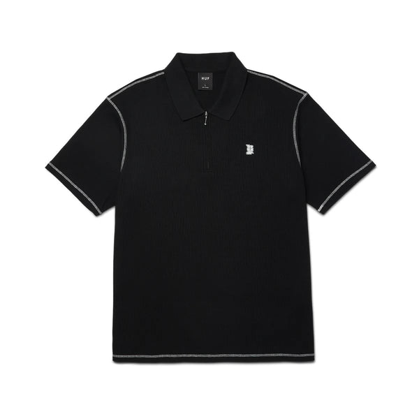 Waffle Knit Contrast S / S Polo Top (Black)