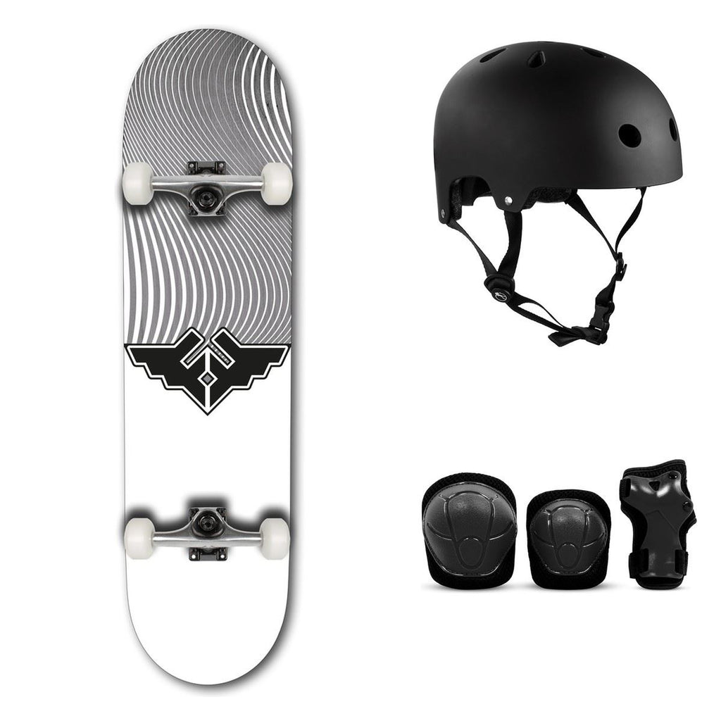 Fracture Wings V4 Grey Complete Skateboard Bundle - SFR Helmet & Pads - 8.25"