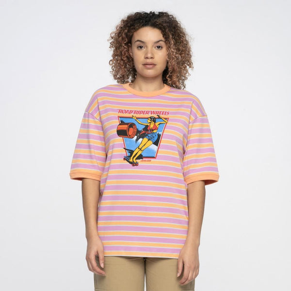 Santa Cruz Womens T-Shirt Ad Strip Dolly Oversized Tee - Pink / Orange Stripe - Skatewarehouse.co.uk