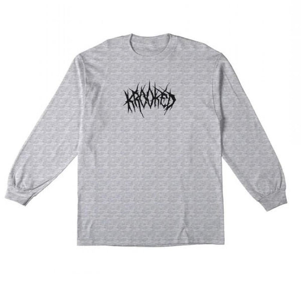 Krooked Longsleeve T-Shirt Necro Skript - Ash / Black Print - Skatewarehouse.co.uk