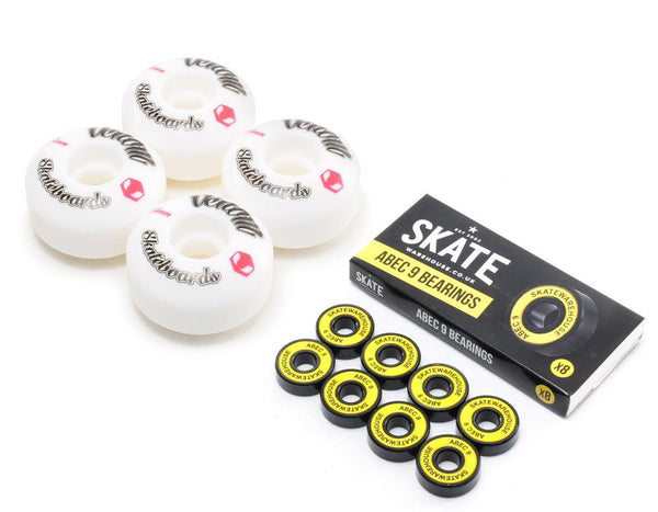 Venom Skateboards Logo White Skateboard Wheels & Skatewarehouse ABEC 9 Bearings Pack - Skatewarehouse.co.uk