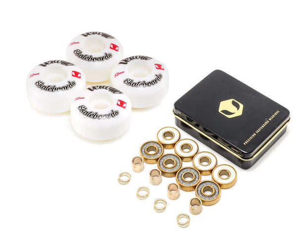 Venom Skateboards Logo White Skateboard Wheels & Venom Gold Bearings Pack - Skatewarehouse.co.uk