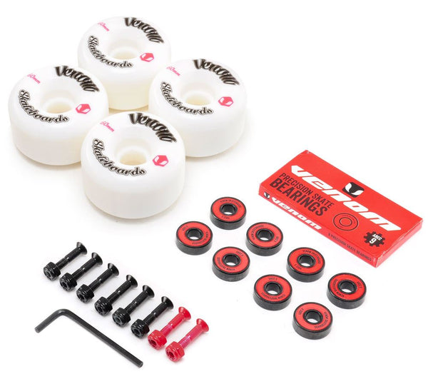 Venom Skateboards Logo White Skateboard Wheels & Venom ABEC 9 Bearings Pack + Bolts! - Skatewarehouse.co.uk