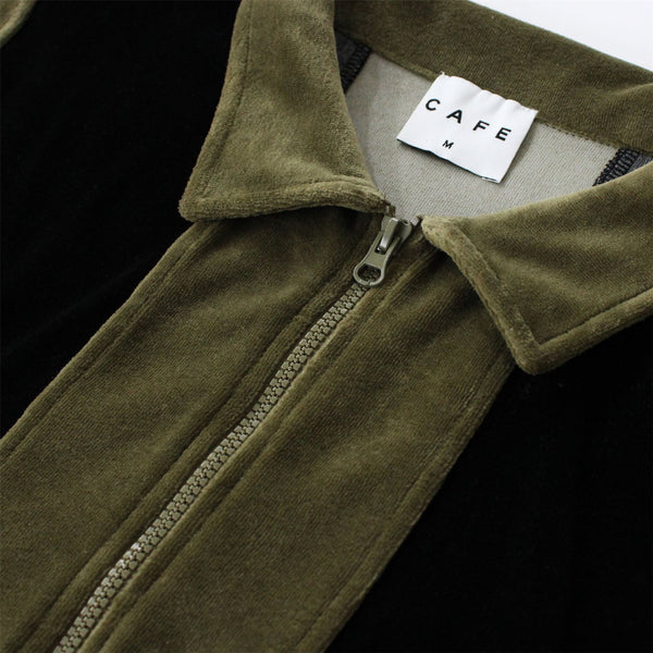 Skateboard Cafe Full Zip Velour Stripe Shirt (Olive / Black) - XL