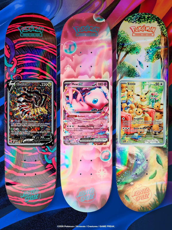 Santa Cruz x Pokémon TCG skateboard decks with Giratina V, Mew ex and Eevee card art