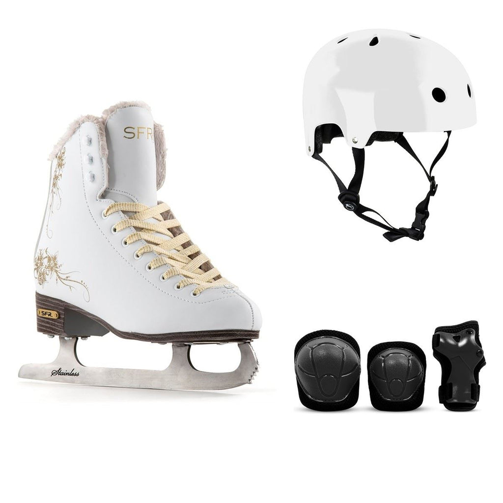 SFR Glitra Ice Skates White Bundle - SFR Helmet & Pads
